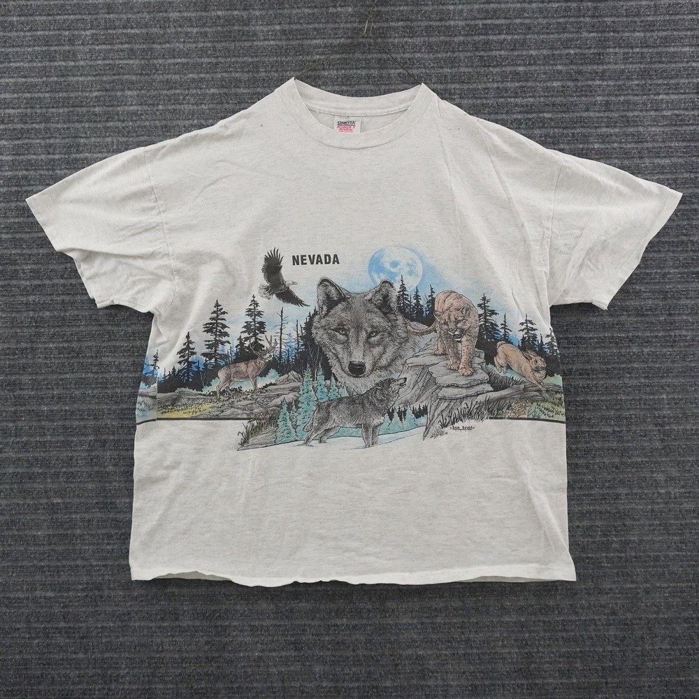 Vintage 90s Wrap Around T-Shirt Mens XXL Gray Nevada Wolf Nature Graphic Tee